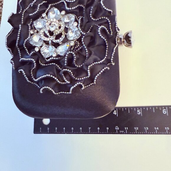 Charming Charlie Black Satin Clutch Purse Rhinestone Evening Bag Hard Case Ruffl - Picture 9 of 15